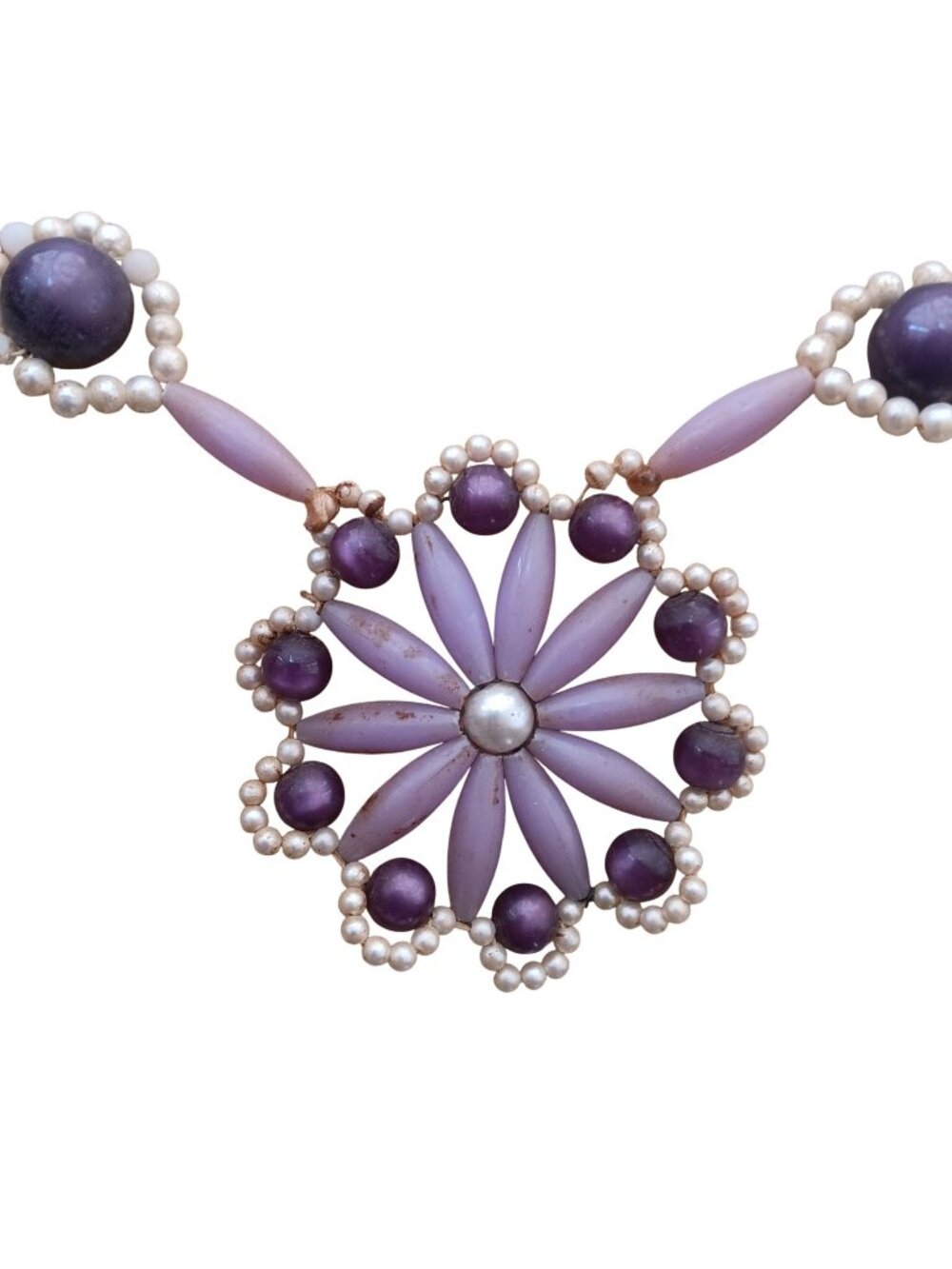 Vintage 28" Necklace Purple Beaded Flower Power Pendant Statement Jewelry 1970s